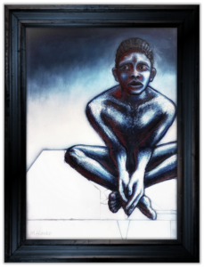 Mathias Hanke, "Blauer Wächter", Öl auf Jute, Assemblage Materialmix